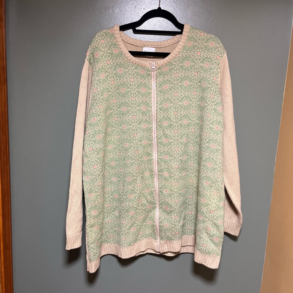 Only Necessities Women’s 2X Zip-Front Patterned Sweater - Pale Green, Cream Pink